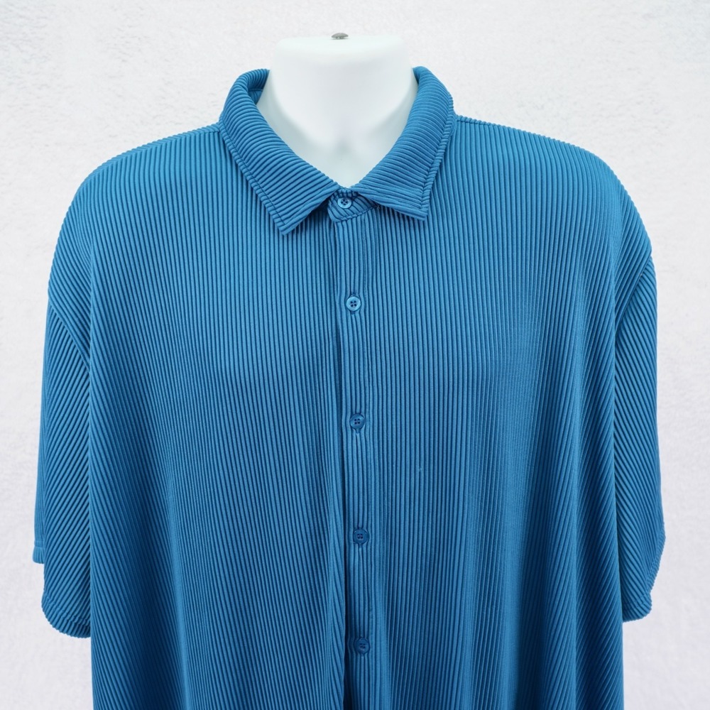NEW Coofandy Men's Blue Collared Dress Shirt Short Sleeve Button‎ Up Pleated 4XL
